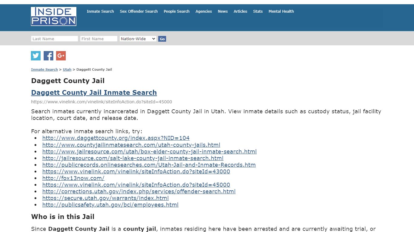 Daggett County Jail - Utah - Inmate Search - Inside Prison
