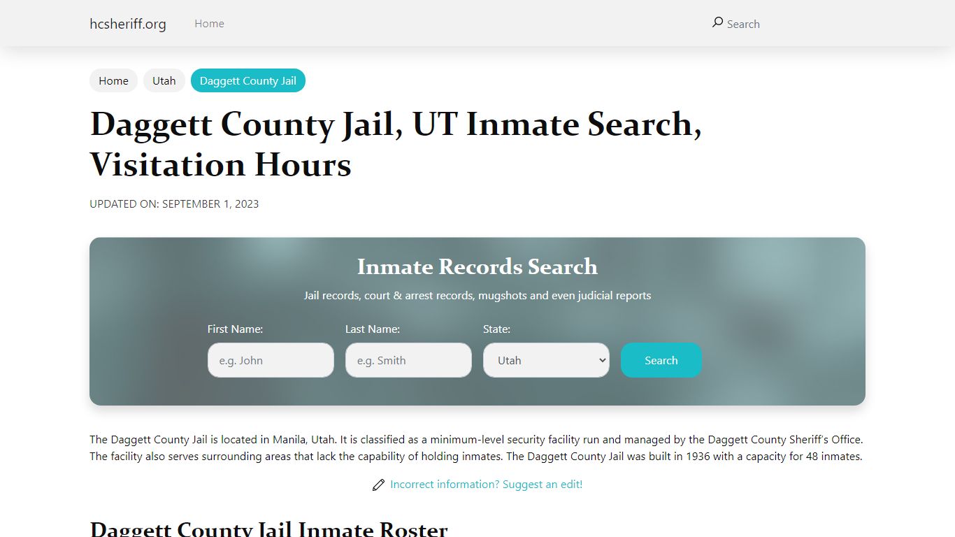 Daggett County Jail, UT Inmate Search, Visitation Hours